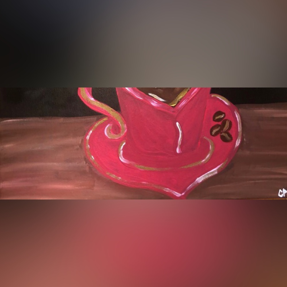 Original painting of a coffee mug with a woman’s face in the steam.